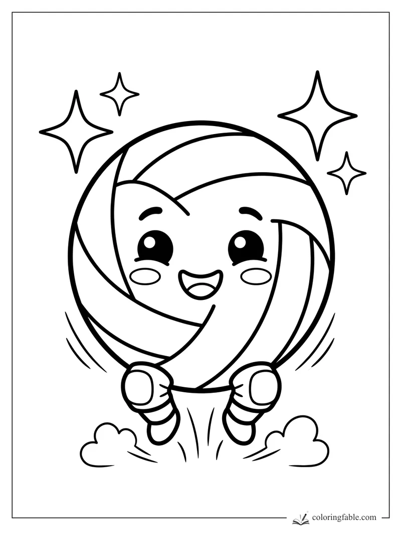 Kawaii volleyball with smiling face, tiny sneakers, dust clouds, motion lines, and four sparkles.