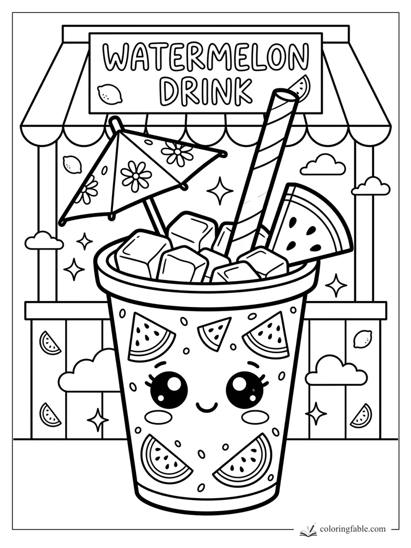Kawaii watermelon drink with straw, umbrella, ice cubes, fruit slices, and stand sign