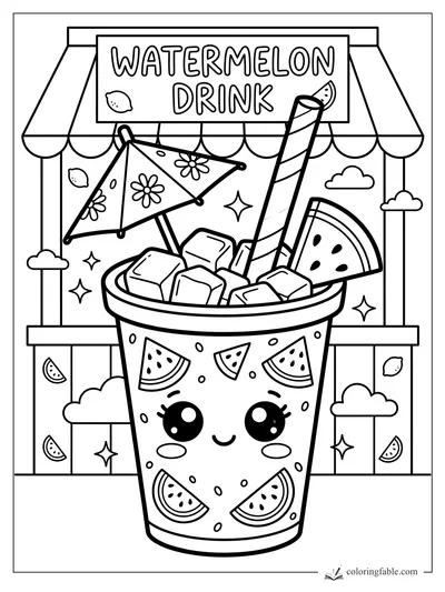 Kawaii watermelon drink with straw, umbrella, ice cubes, fruit slices, and stand sign