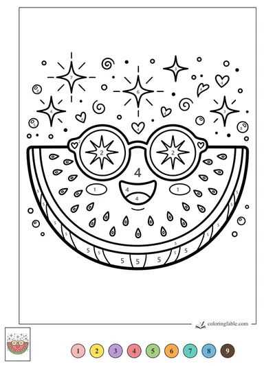 Kawaii Watermelon Slice in Star Sunglasses — color by number