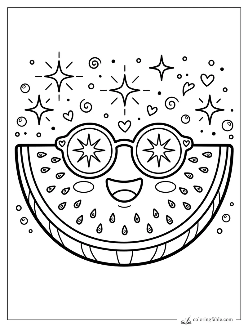 Kawaii watermelon slice wearing round star sunglasses with hearts, sparkles, swirls, and seeds