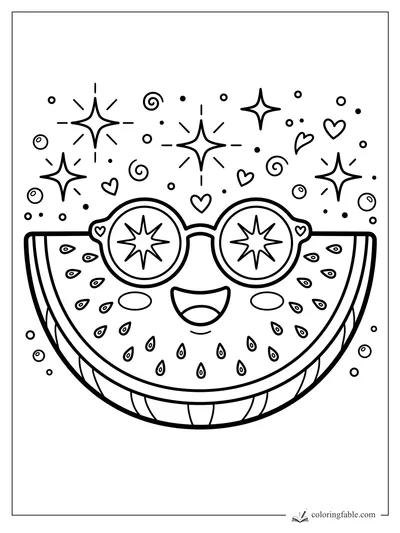 Kawaii watermelon slice wearing round star sunglasses with hearts, sparkles, swirls, and seeds