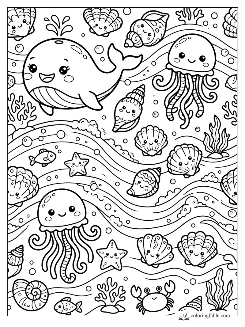 Kawaii whale, jellyfish, shells, starfish, crab, fish, coral, bubbles, and wavy ocean currents coloring page