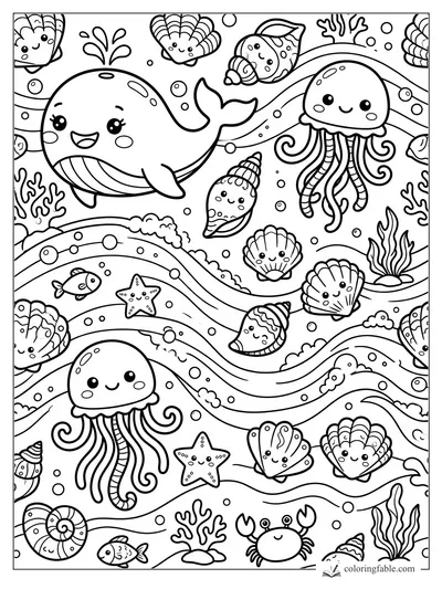 Kawaii whale, jellyfish, shells, starfish, crab, fish, coral, bubbles, and wavy ocean currents coloring page
