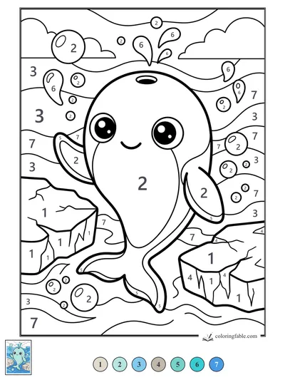 Kawaii Whale Playing Between Rocky Sea Ledges — color by number