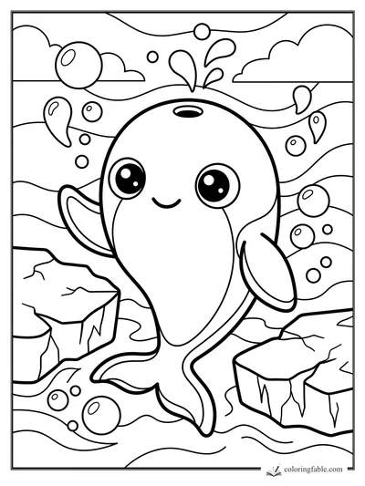 Kawaii whale with big eyes, water spout, bubbles, waves, clouds, and rocky underwater ledges