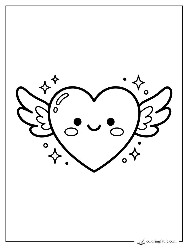 Kawaii tattoo-style winged heart with smiling face, blush cheeks, sparkles, and dots.