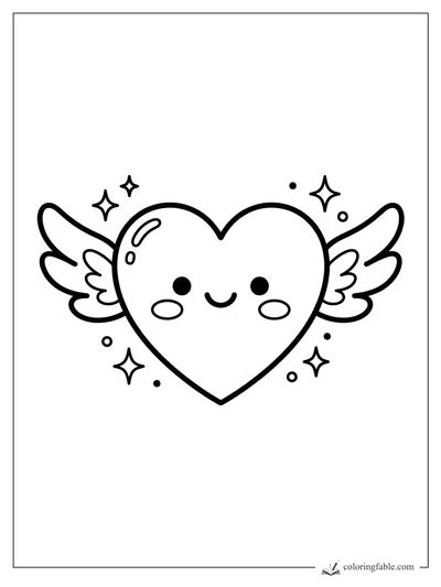 Kawaii tattoo-style winged heart with smiling face, blush cheeks, sparkles, and dots.