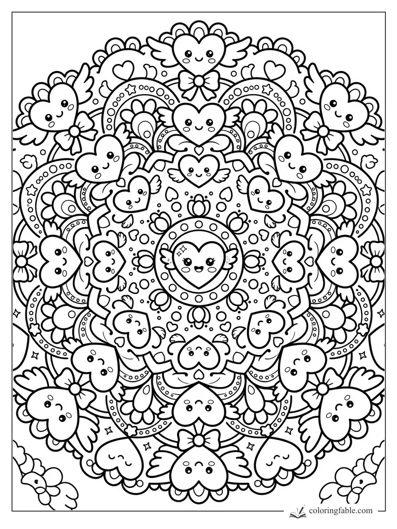 Kawaii mandala with smiling winged hearts, bows, flowers, stars, dots, and scalloped rainbow arches.