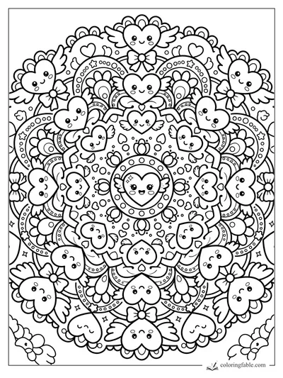 Kawaii mandala with smiling winged hearts, bows, flowers, stars, dots, and scalloped rainbow arches.