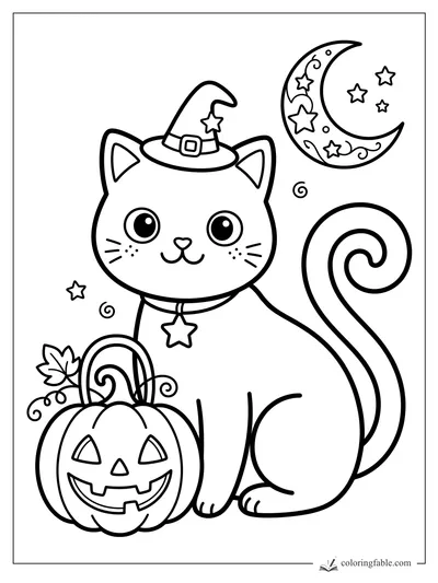 Kawaii witch cat beside a jack-o'-lantern pail under a starry crescent moon.