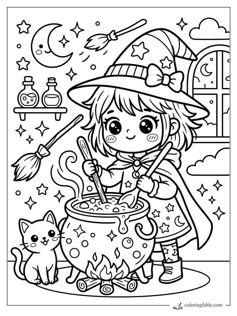 Kawaii witch stirring a bubbling cauldron with cat, broomsticks, potion bottles, moon, stars, and arched window.