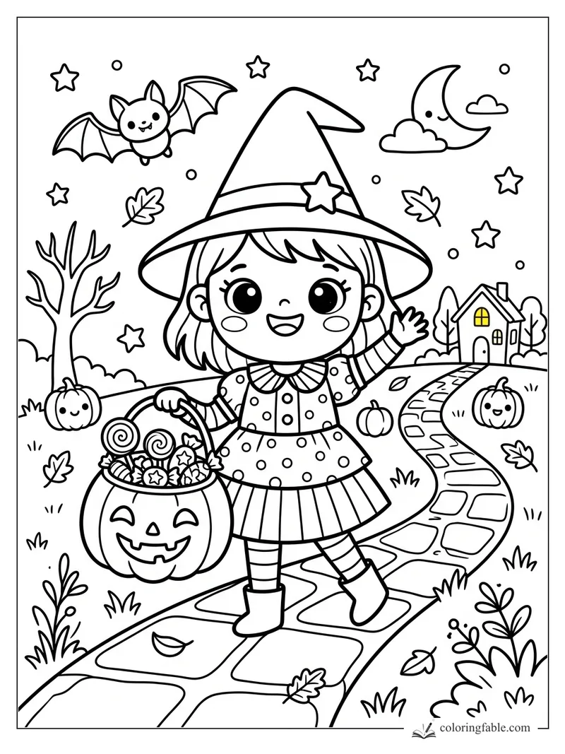 Kawaii witch with pumpkin candy bucket waving on a winding path under stars, bat, moon, and pumpkins
