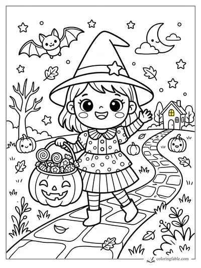 Kawaii witch with pumpkin candy bucket waving on a winding path under stars, bat, moon, and pumpkins