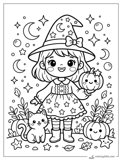 Kawaii witch smiling with a starry hat, bow, cat, pumpkins, moons, leaves, and floating stars.