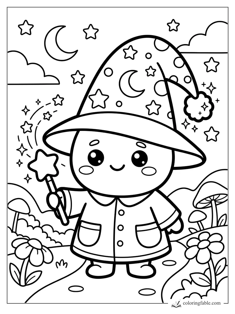 Kawaii wizard holding a star wand under a moon-and-stars hat in a mushroom meadow