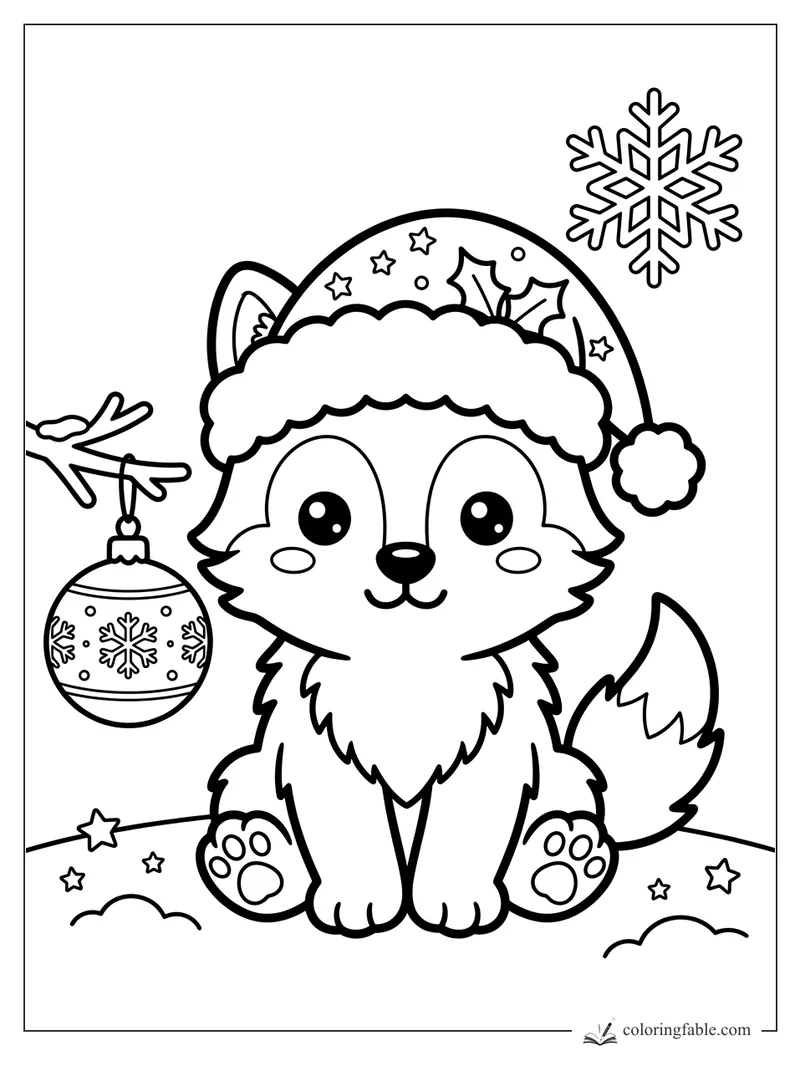 Kawaii wolf pup wearing a Santa hat with holly, snowflake, stars, and a hanging ornament