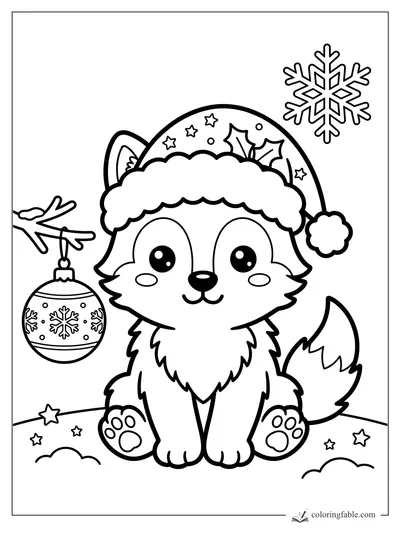 Kawaii wolf pup wearing a Santa hat with holly, snowflake, stars, and a hanging ornament