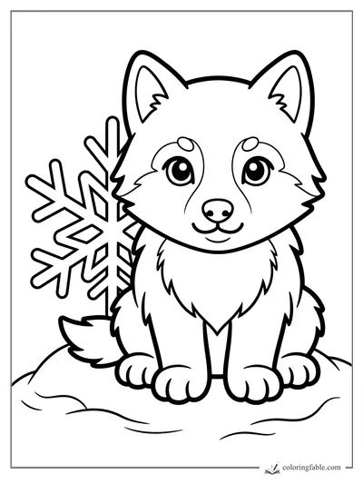 Kawaii wolf pup sitting in snow beside a giant snowflake with big shiny eyes