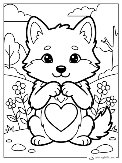 Kawaii wolf pup with big eyes, heart belly, flowers, hills, trees, clouds, and small rocks.