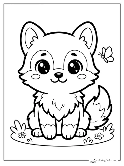 Kawaii wolf pup sitting in grass with big eyes, fluffy tail, flowers, and a butterfly