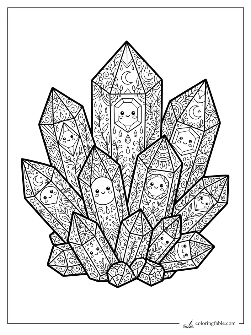 Intricate kawaii crystal cluster with smiling gem faces, moons, leaves, swirls, and teardrop patterns.