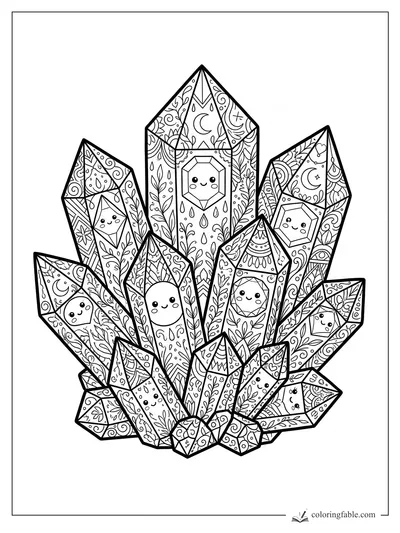 Intricate kawaii crystal cluster with smiling gem faces, moons, leaves, swirls, and teardrop patterns.