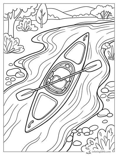 Kayak with a paddle on a winding creek between rocky banks, shrubs, trees, and distant hills.