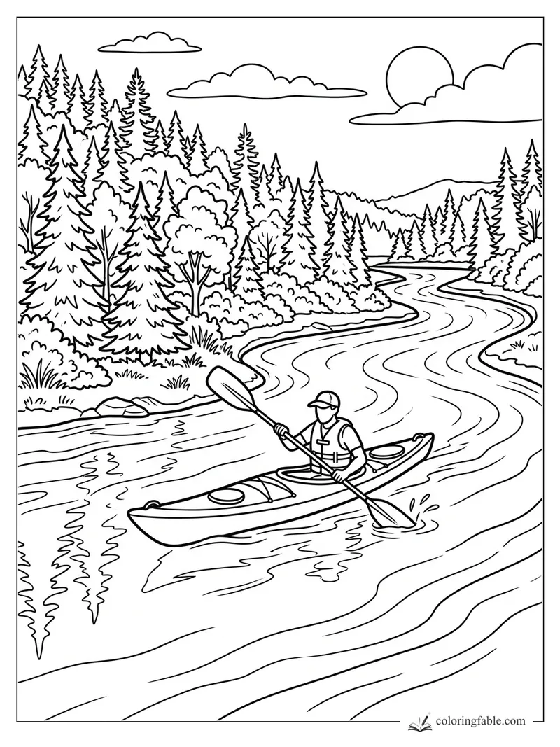 Kayaker paddling a winding river through pine forest, hills, clouds, and summer sun coloring page