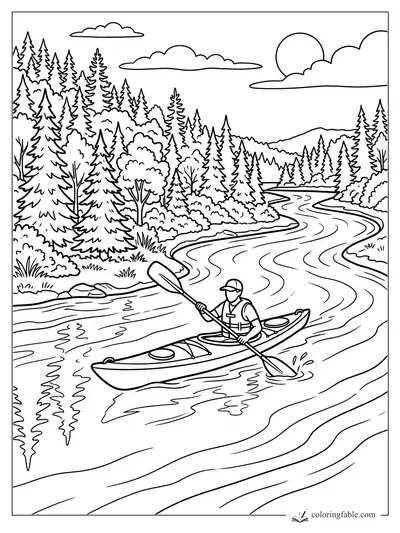 Kayaker paddling a winding river through pine forest, hills, clouds, and summer sun coloring page