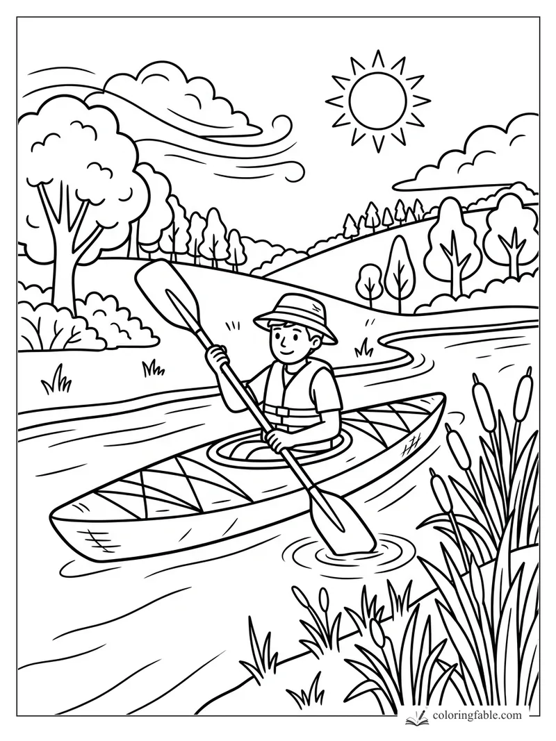 Cartoon kayaker with paddle on a winding river, passing cattails, trees, hills, clouds, and bright sun.