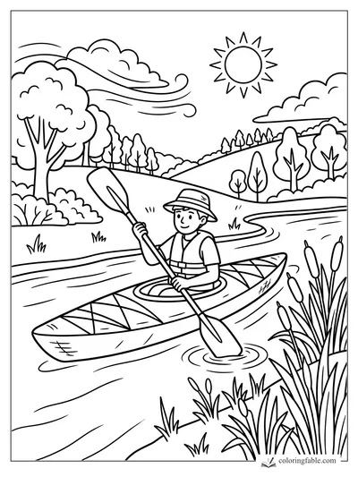 Cartoon kayaker with paddle on a winding river, passing cattails, trees, hills, clouds, and bright sun.