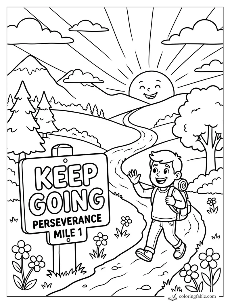 Cartoon hiker waves beside a Keep Going Perseverance Mile 1 sign on a sunny mountain trail.