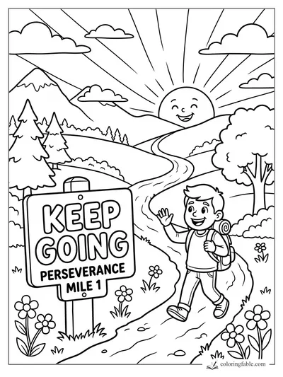 Cartoon hiker waves beside a Keep Going Perseverance Mile 1 sign on a sunny mountain trail.