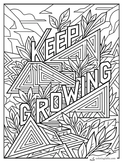 Intricate geometric coloring page with “Keep Growing” lettering, layered triangles, leaves, and mountain-like lines.