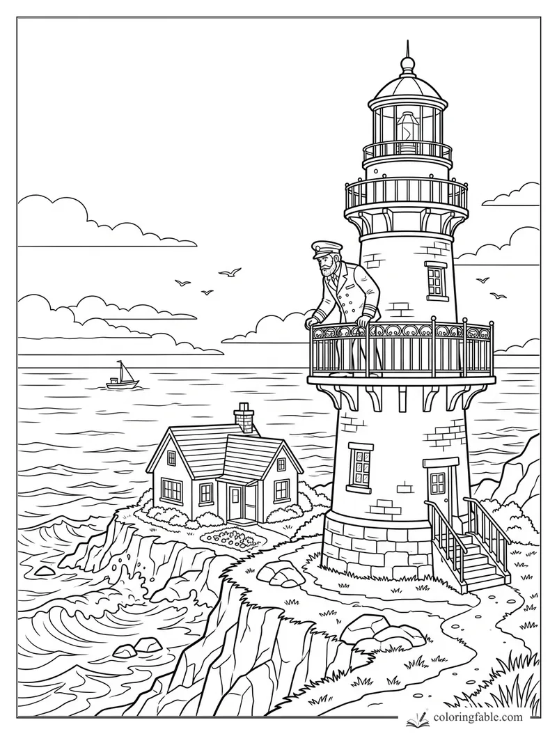 Lighthouse keeper on a balcony above a small cliffside house, ocean waves, gulls, and sailboat