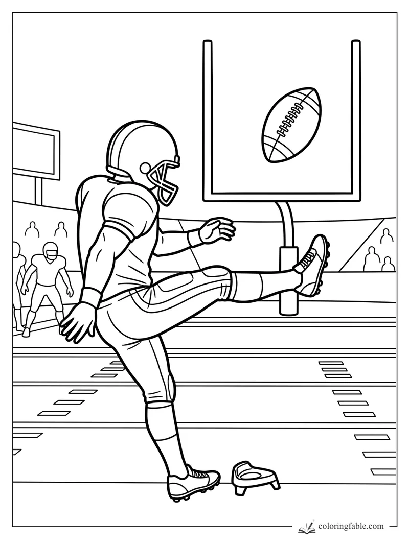 Cartoon football kicker swings at a ball toward the goalpost with teammates and stadium seats behind him.
