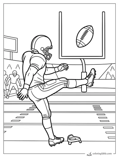Cartoon football kicker swings at a ball toward the goalpost with teammates and stadium seats behind him.