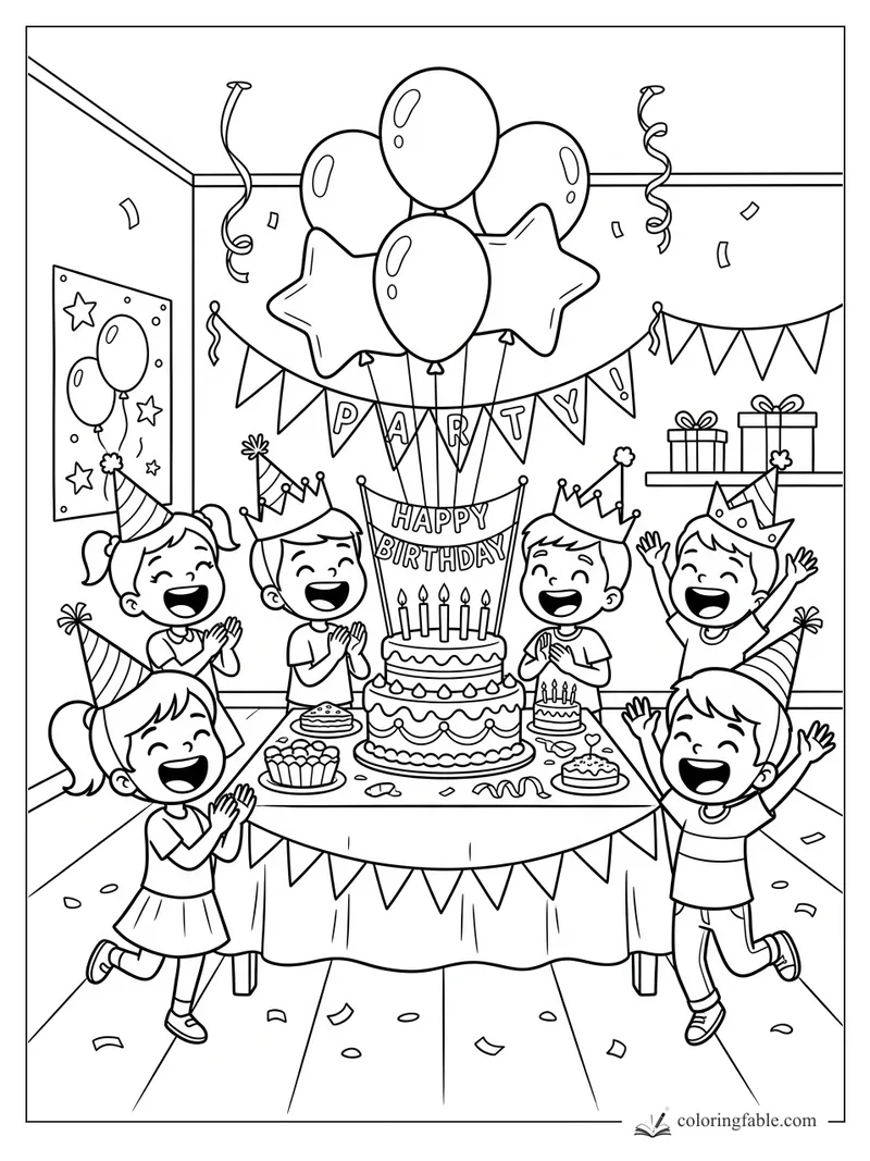 Cartoon kids in party hats cheer around a birthday cake with balloons, banners, gifts, and confetti.