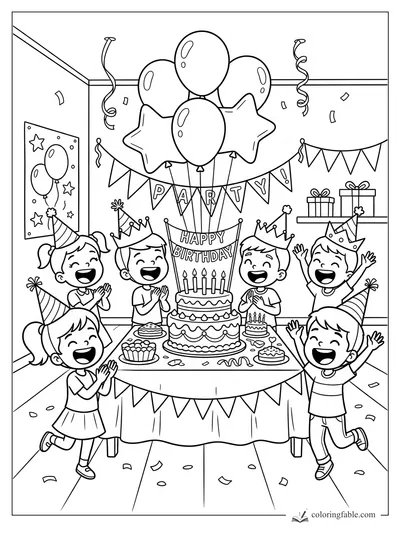 Cartoon kids in party hats cheer around a birthday cake with balloons, banners, gifts, and confetti.