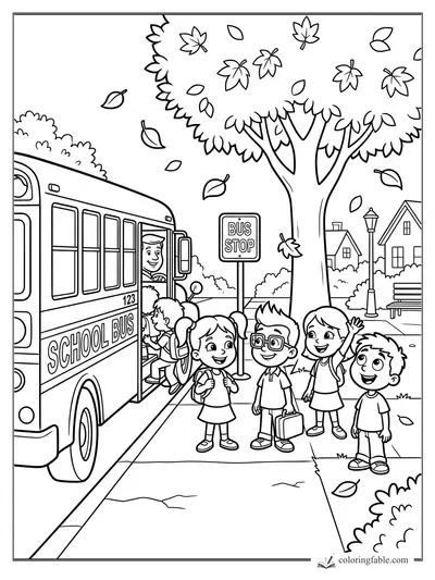 Cartoon kids at a bus stop as a school bus arrives under a leafy tree