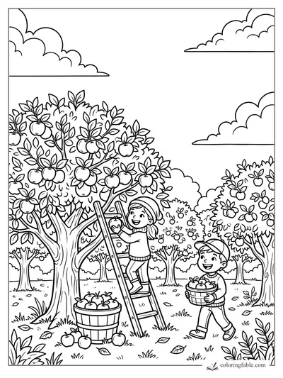 Cartoon kids picking apples in a fall orchard with a ladder, baskets, leafy trees, and clouds