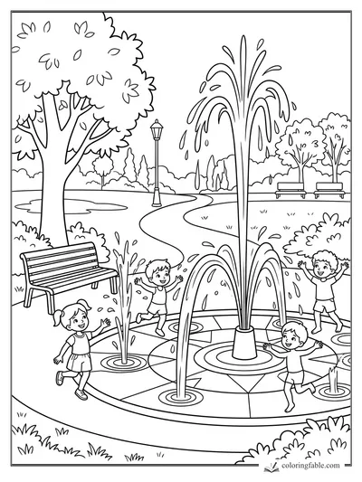 Cartoon kids running through a park splash fountain with benches, trees, path, and lamppost.