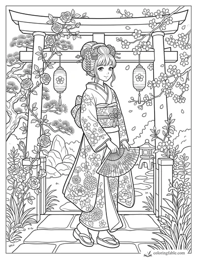 Anime girl in a floral kimono under a torii gate with lanterns, roses, cherry blossoms, fan, and garden path.