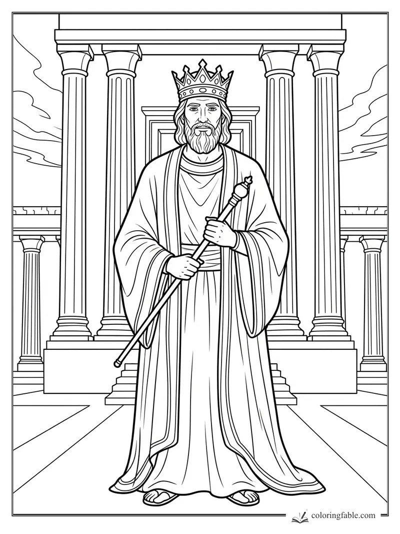 King Solomon wearing a crown and holding a scepter between tall temple columns