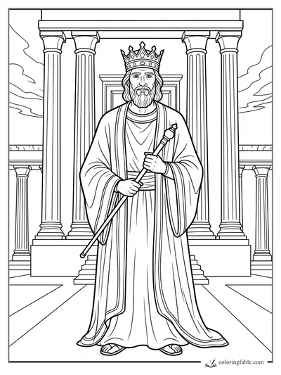 King Solomon wearing a crown and holding a scepter between tall temple columns