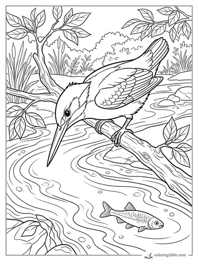 Realistic kingfisher perched on a branch above a creek with fish, cattails, leaves, and ripples