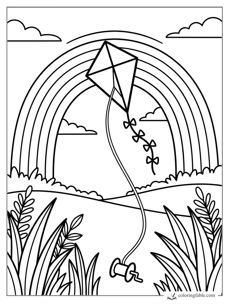 Easy coloring page of a diamond kite with bows flying in front of a rainbow, clouds, hills, and tall grass.