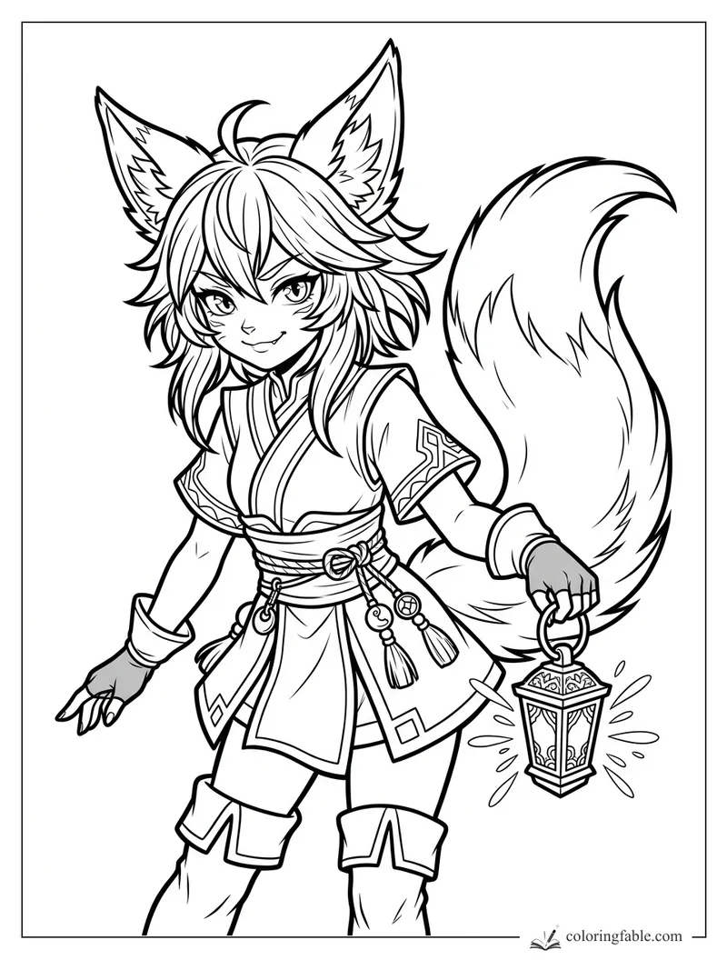 Manga kitsune girl with fox ears, fluffy tail, patterned robe, tassels, and glowing lantern