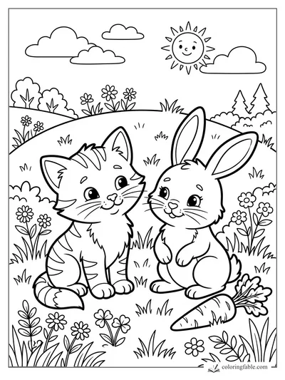 Cartoon kitten sitting with a bunny beside a carrot in a sunny flower meadow